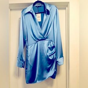 Zara satin blue collared mini dress